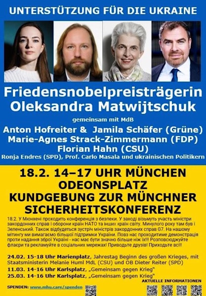 Plakat zur ukrainischen Demo anlässlich der Münchner Sicherheitskonferenz. 
