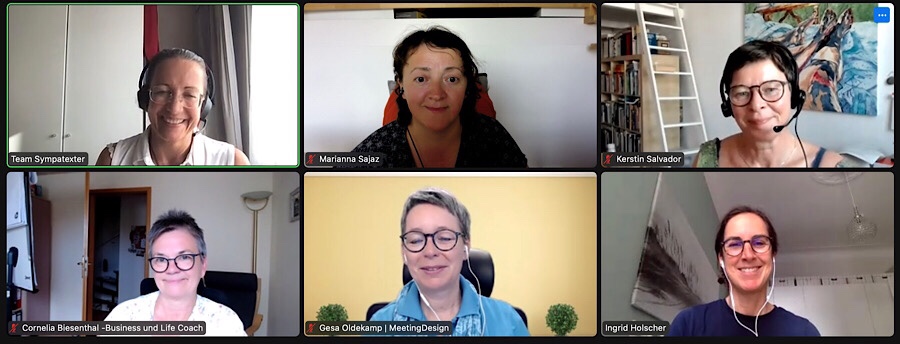 Screenshot eines Zoom-Meetings mit sechs Personen.